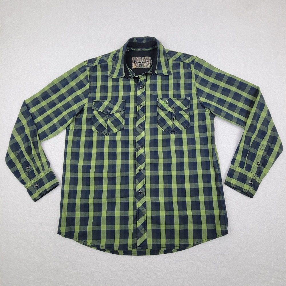 Realtree‎ Xtra Pearl Snap Shirt Mens Medium Green Black Plaid Long Sleeve Shirt